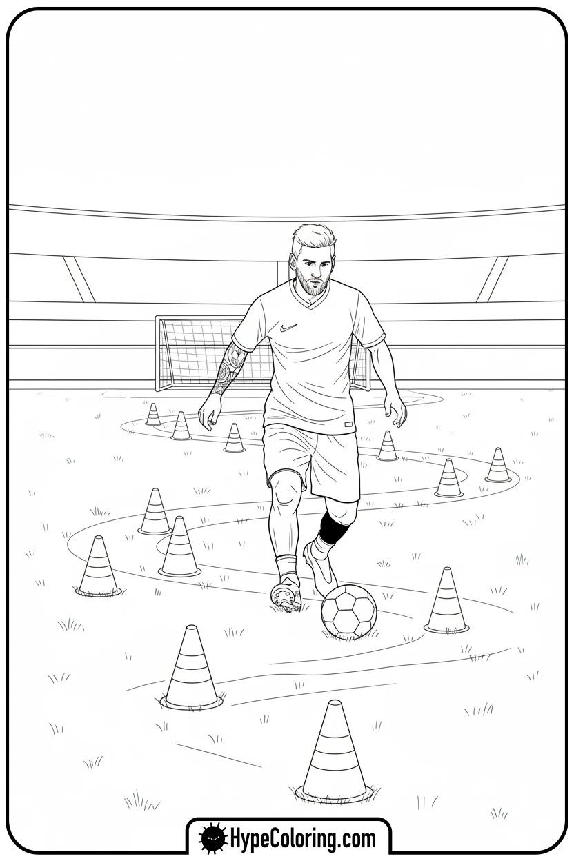 Click to download PDF messi-training-with-cones - messi soccer coloring pages