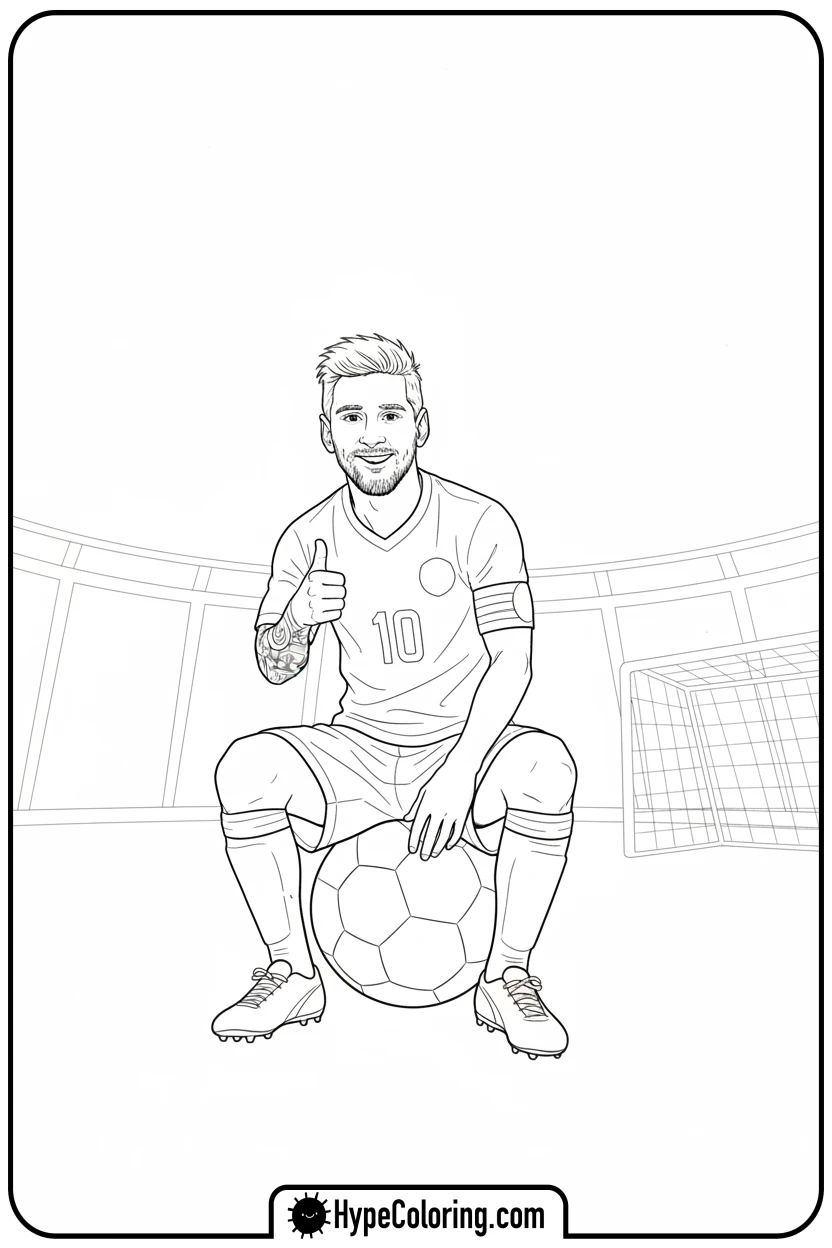 Click to download PDF messi-sitting-on-ball - messi soccer coloring pages