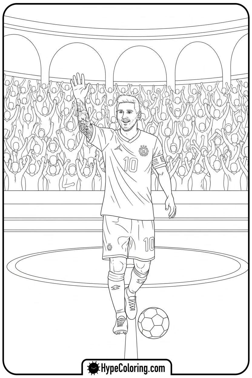 Click to download PDF messi-waving-to-fans - messi soccer coloring pages
