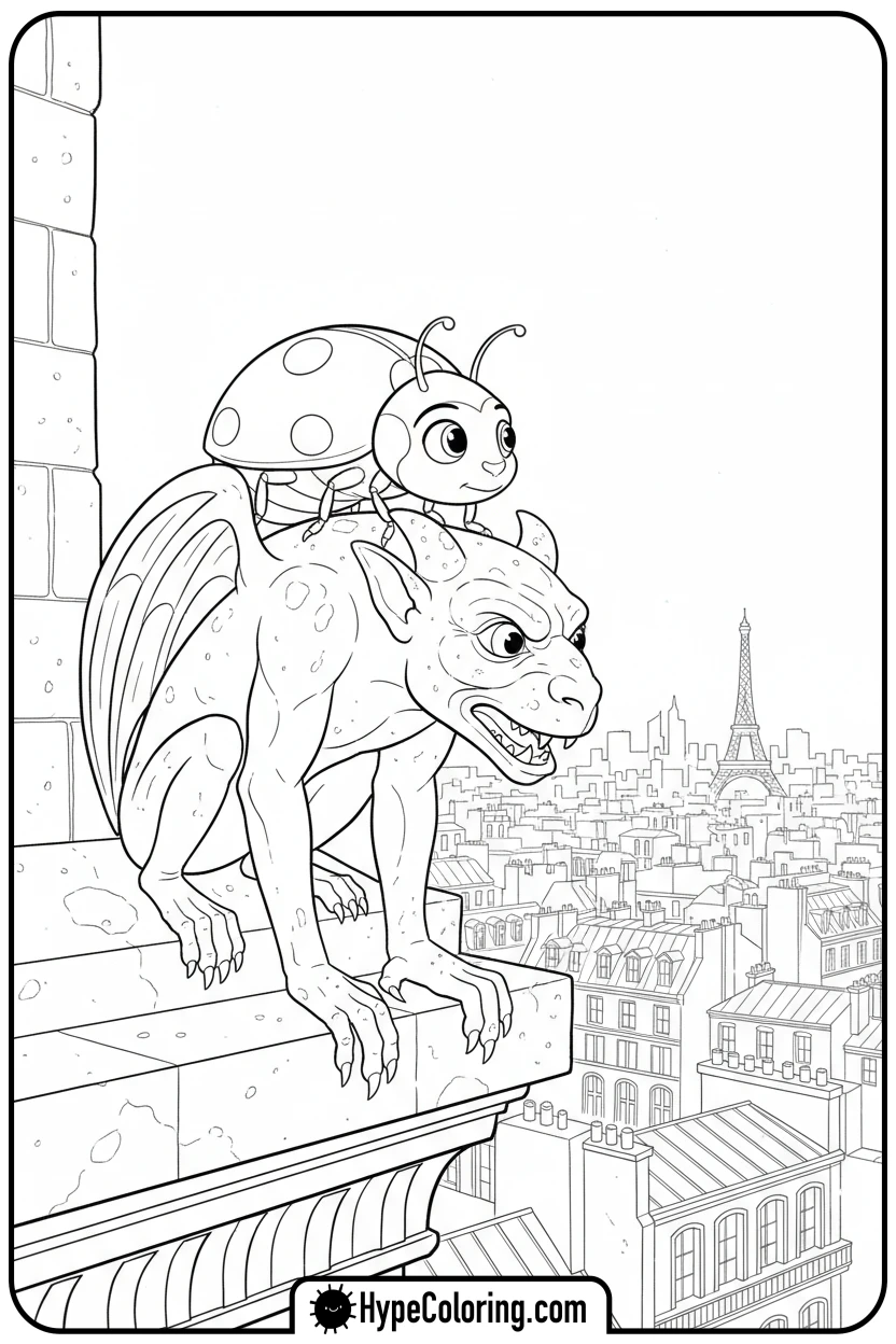 ladybug-on-rooftop-gargoyle - miraculous ladybug coloring pages