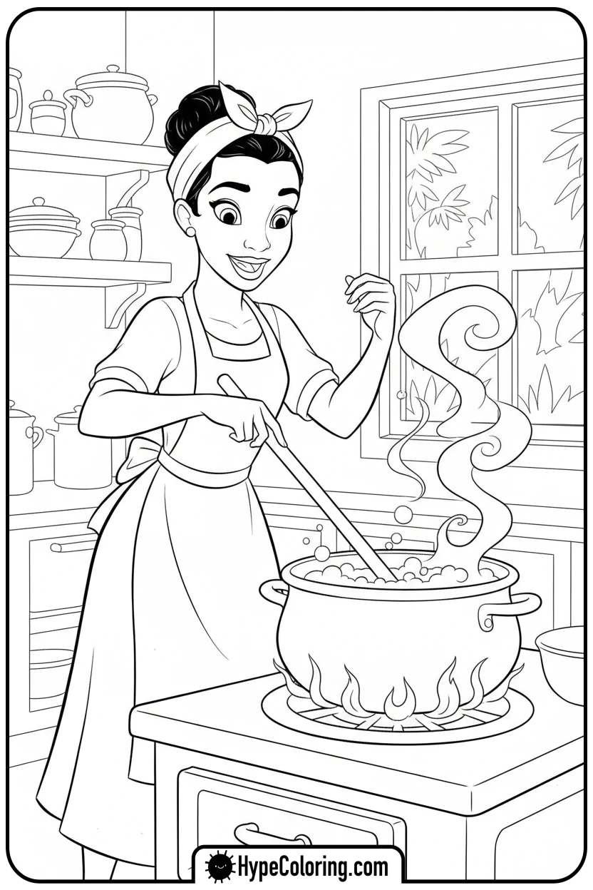 tiana-cooking-in-her-kitchen - princess tiana coloring pages