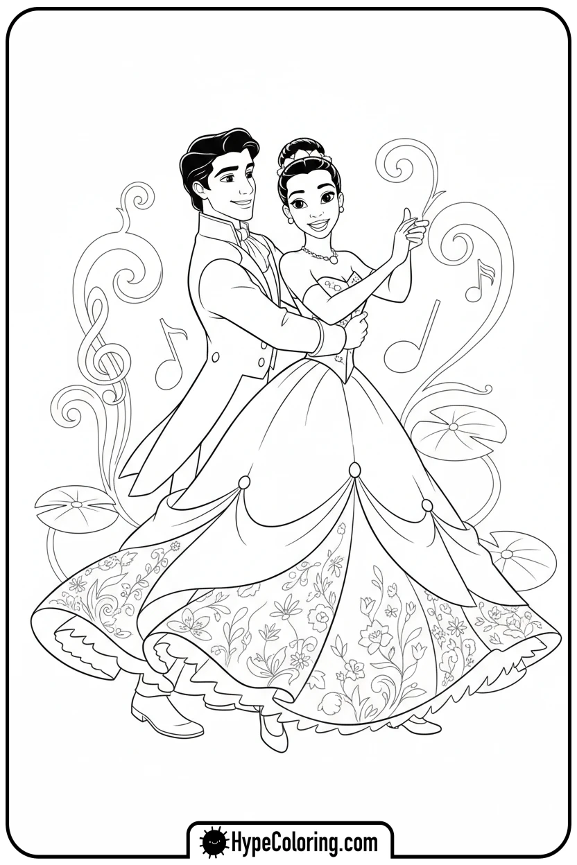 tiana-and-naveen-dancing - princess tiana coloring pages
