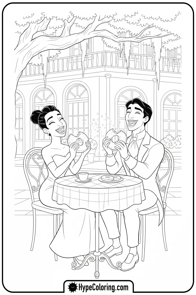 tiana-and-naveen-sharing-beignet - princess tiana coloring pages