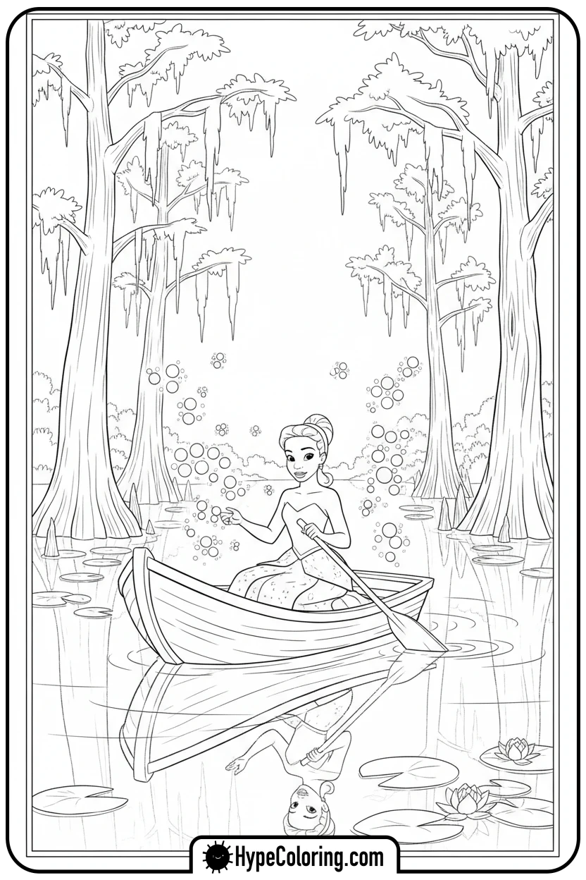 tiana-exploring-bayou-in-boat - princess tiana coloring pages