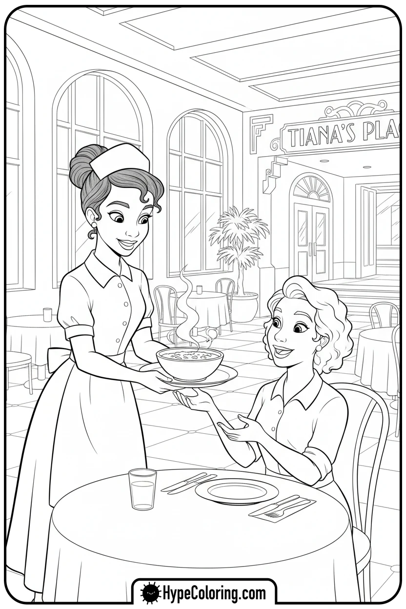 tiana-serving-food - princess tiana coloring pages