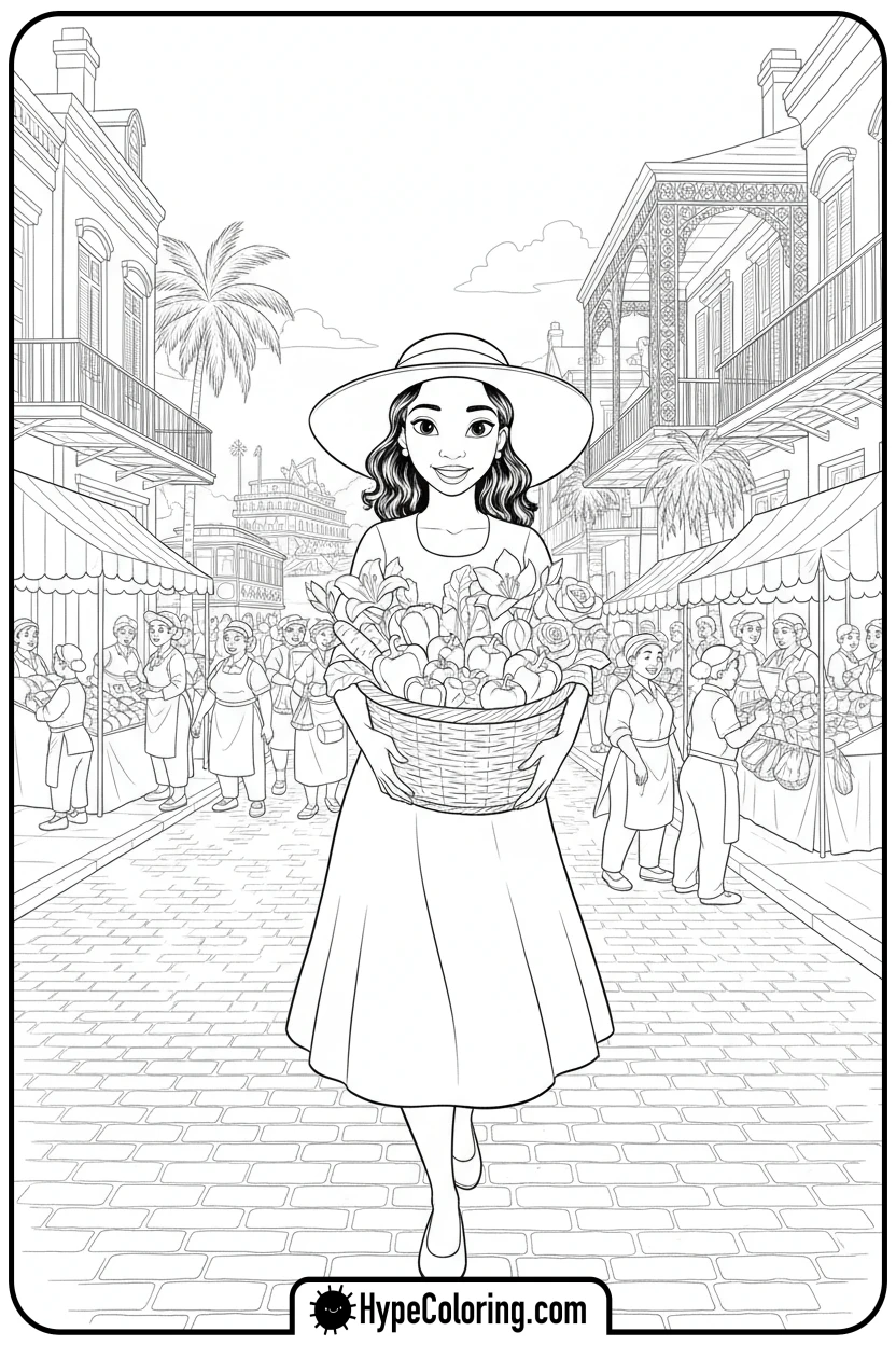 tiana-in-new-orleans-market - princess tiana coloring pages