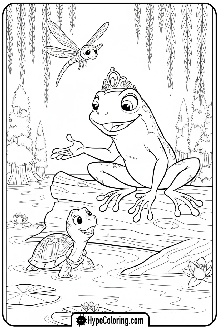 frog-tiana-with-bayou-friends - princess tiana coloring pages