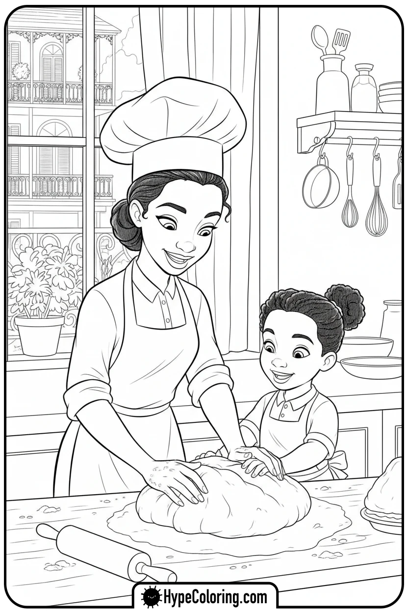 tiana-teaching-child-to-bake - princess tiana coloring pages