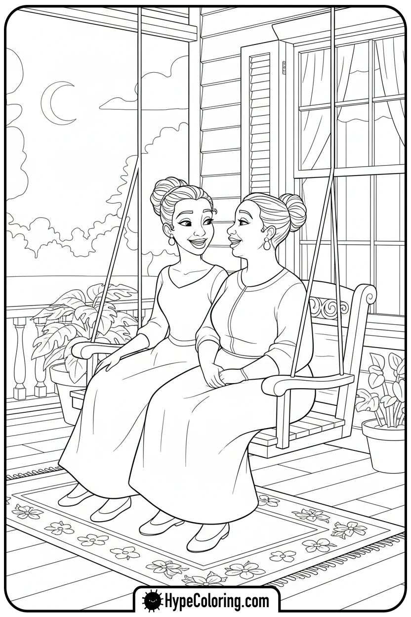 tiana-and-mother-on-swing - princess tiana coloring pages