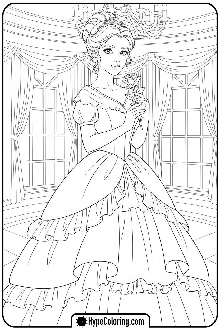princess-holding-a-rose - printable princess coloring pages