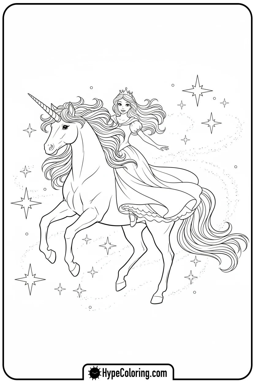 princess-riding-a-unicorn - printable princess coloring pages