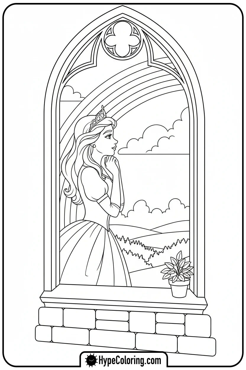princess-watching-rainbow-from-window - printable princess coloring pages
