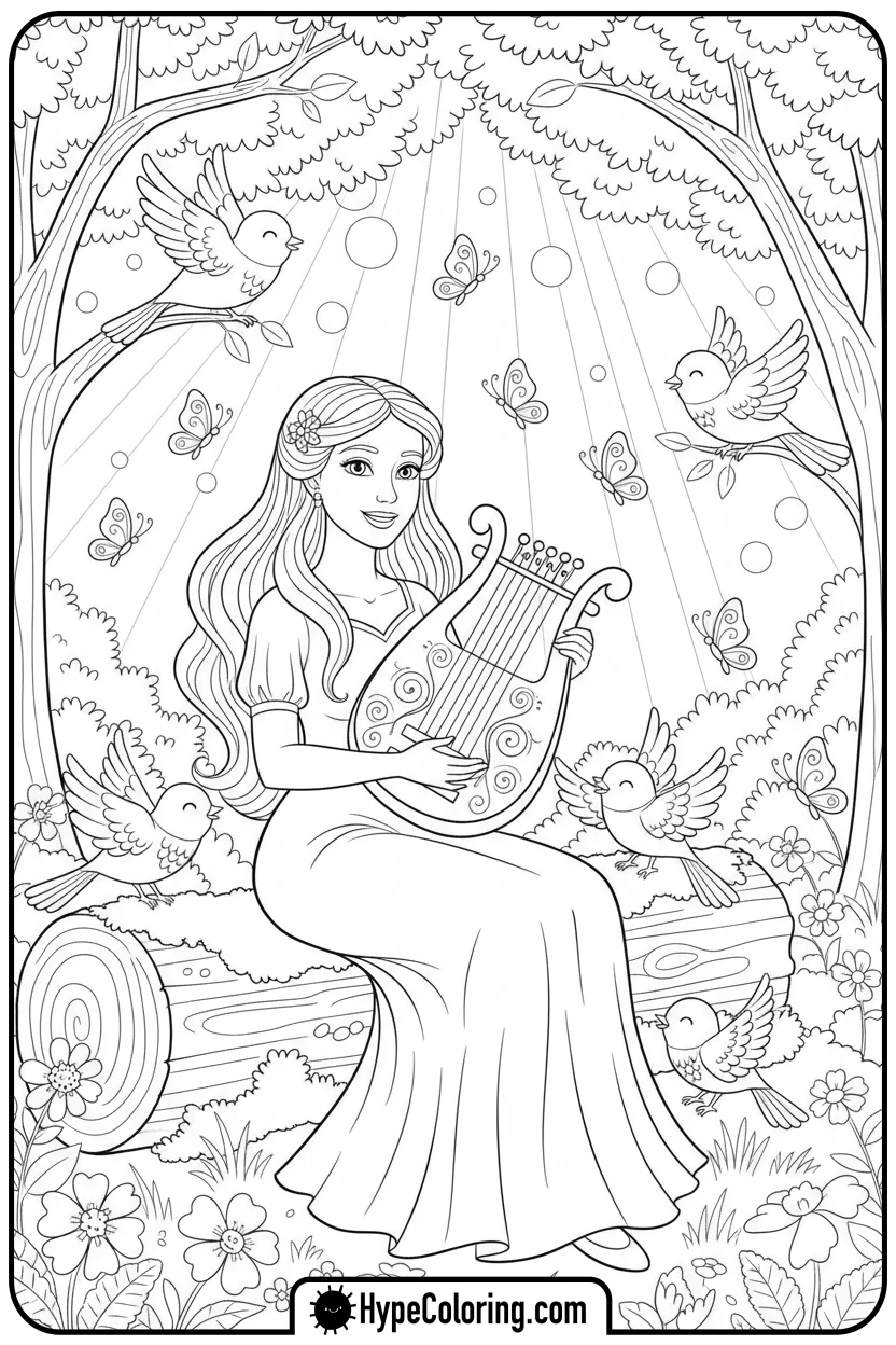 princess-playing-lyre-with-animals - printable princess coloring pages