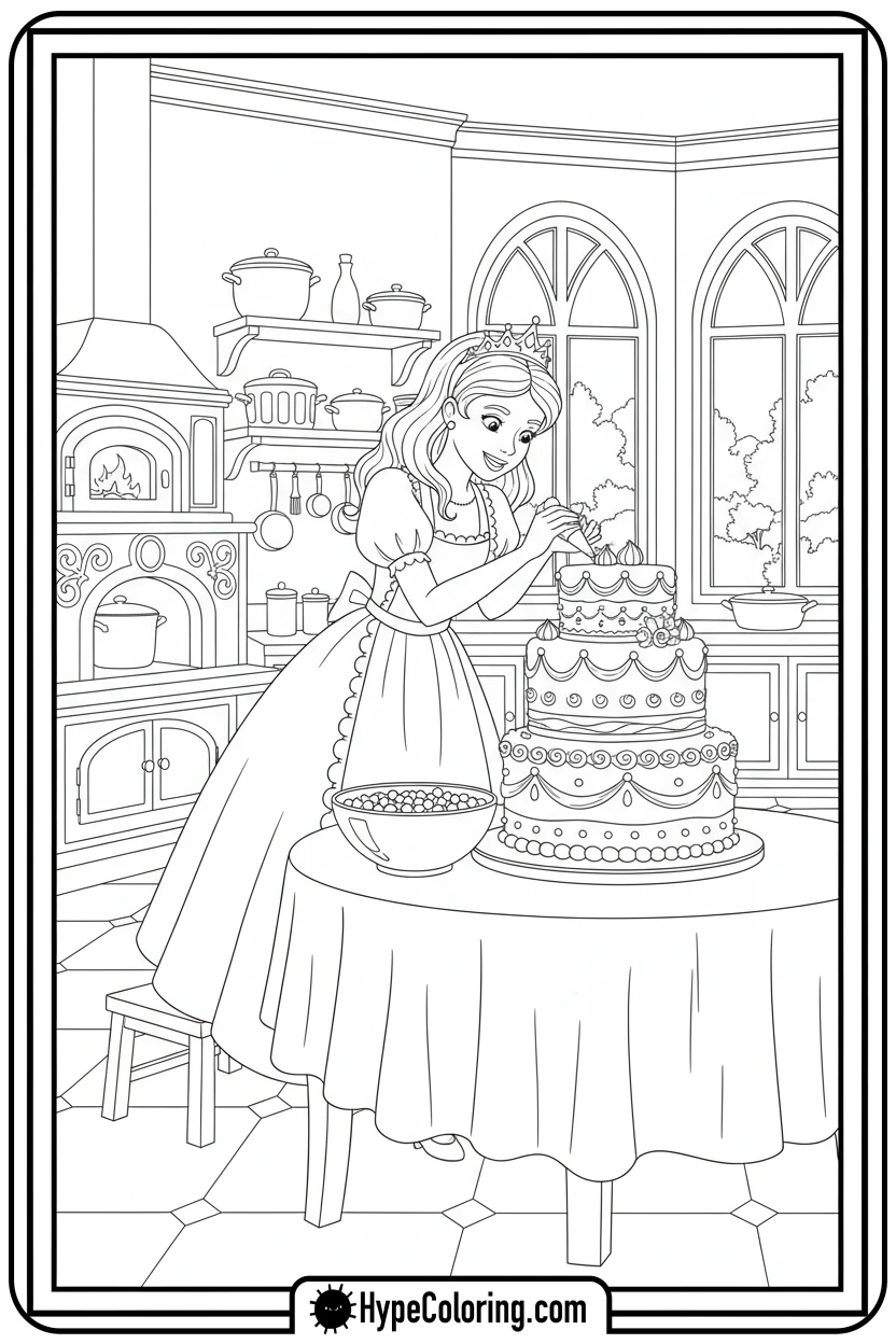 princess-decorating-birthday-cake - printable princess coloring pages