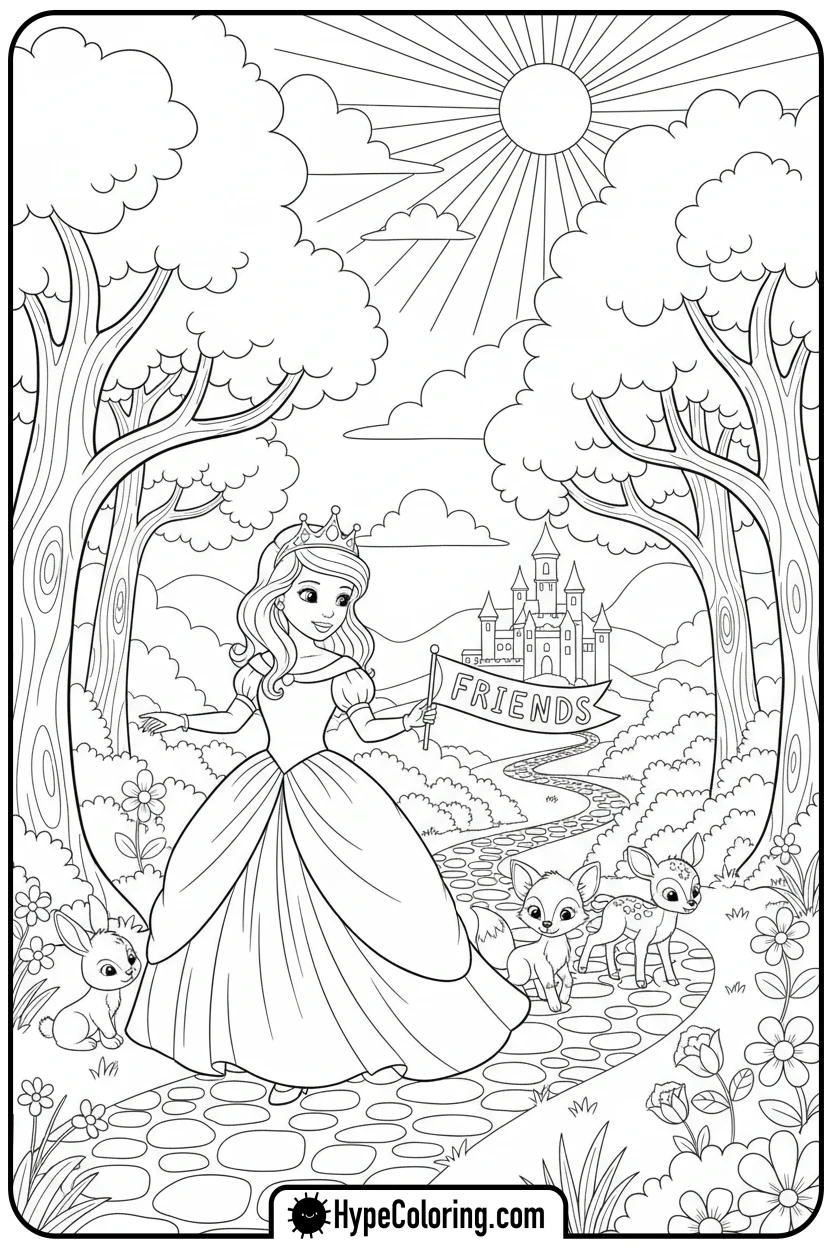 princess-leading-animal-parade - printable princess coloring pages