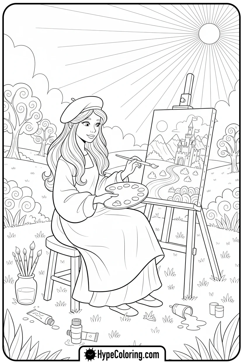 princess-painting-a-landscape - printable princess coloring pages