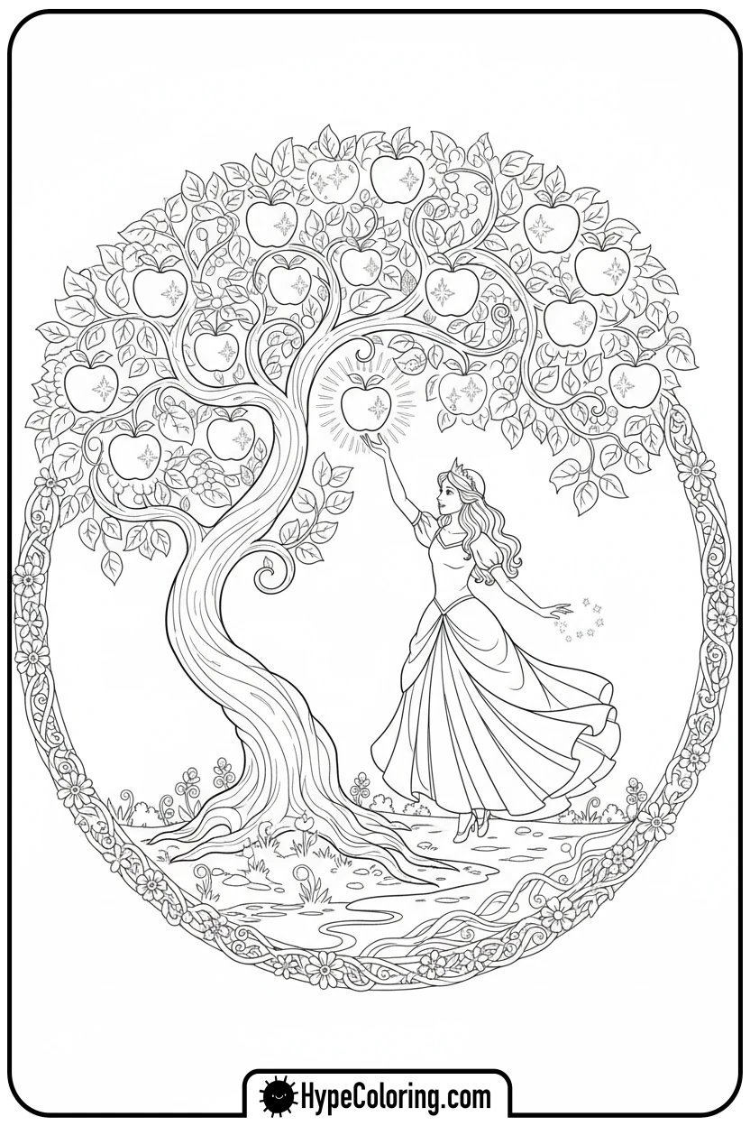 princess-picking-magical-apple - printable princess coloring pages