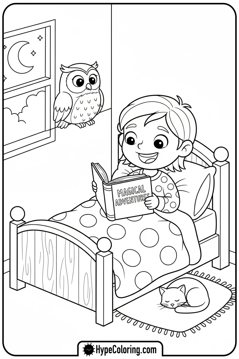 Click to download PDF child-reading-in-bed-with-owl - get well soon coloring pages