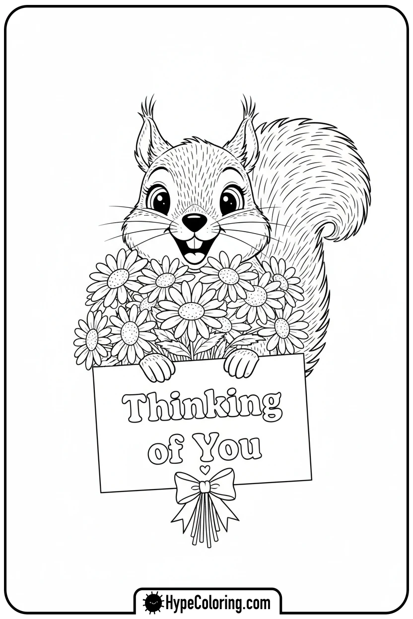 Click to download PDF squirrel-with-flowers-and-card - get well soon coloring pages