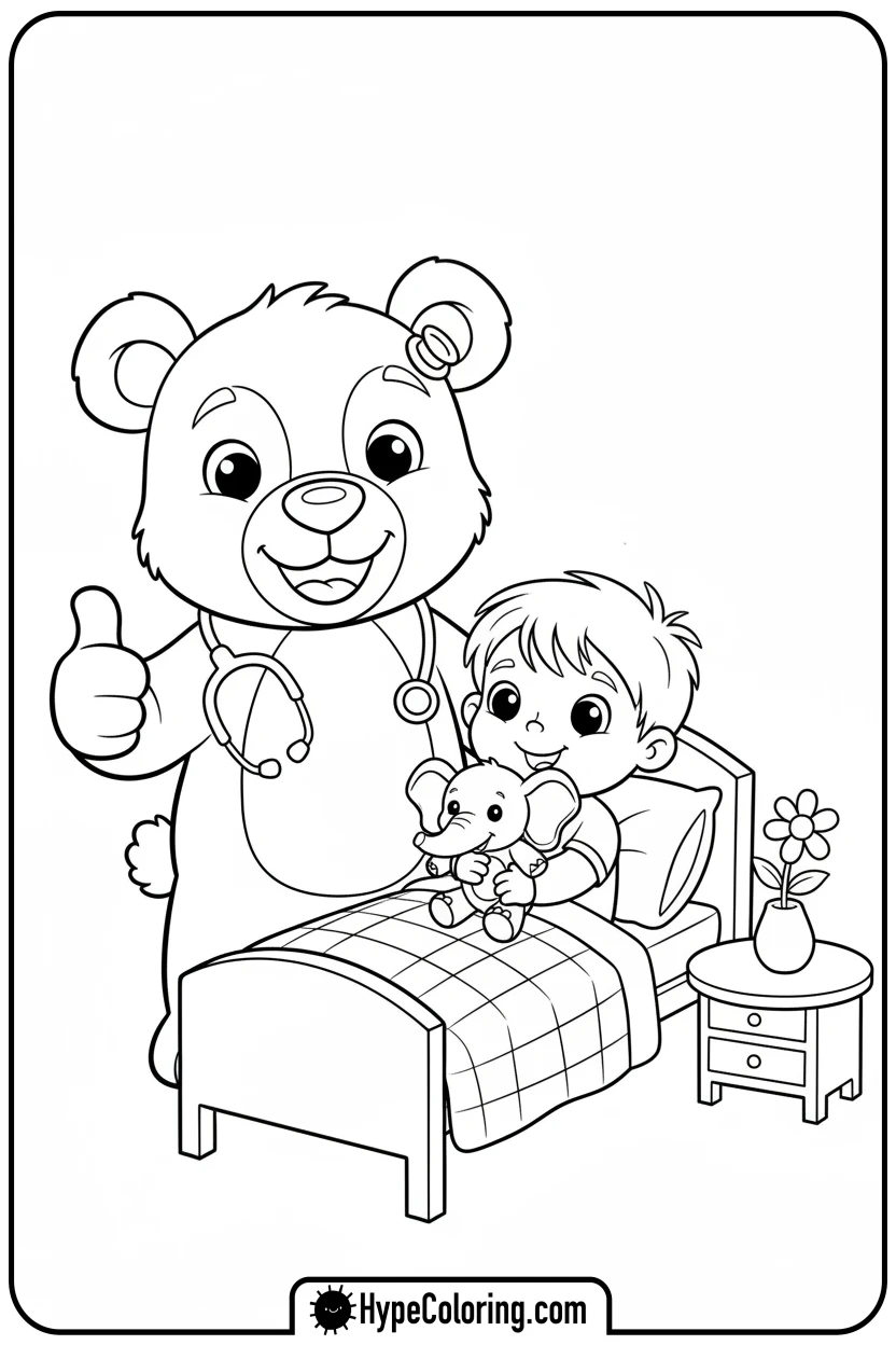 Click to download PDF bear-doctor-with-child-and-elephant - get well soon coloring pages