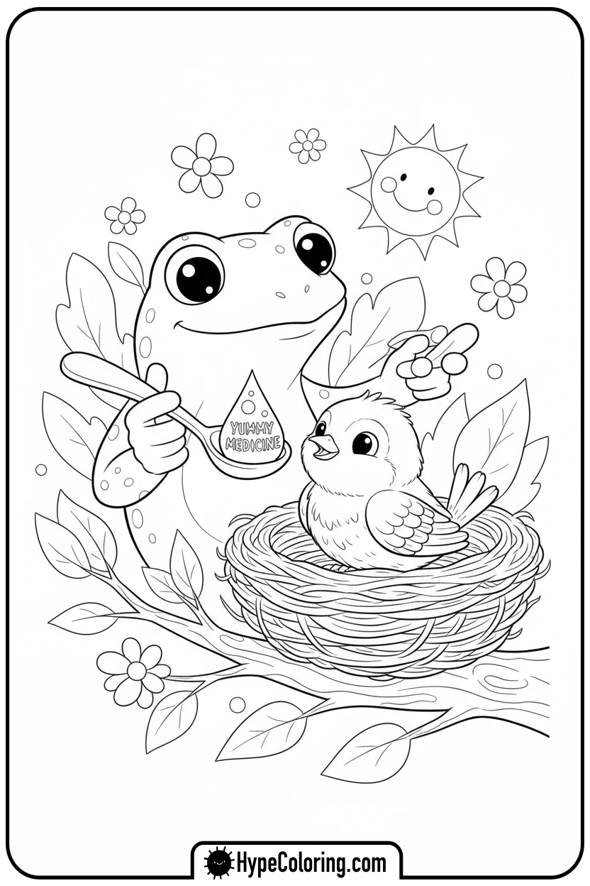 Click to download PDF frog-giving-medicine-to-bird - get well soon coloring pages