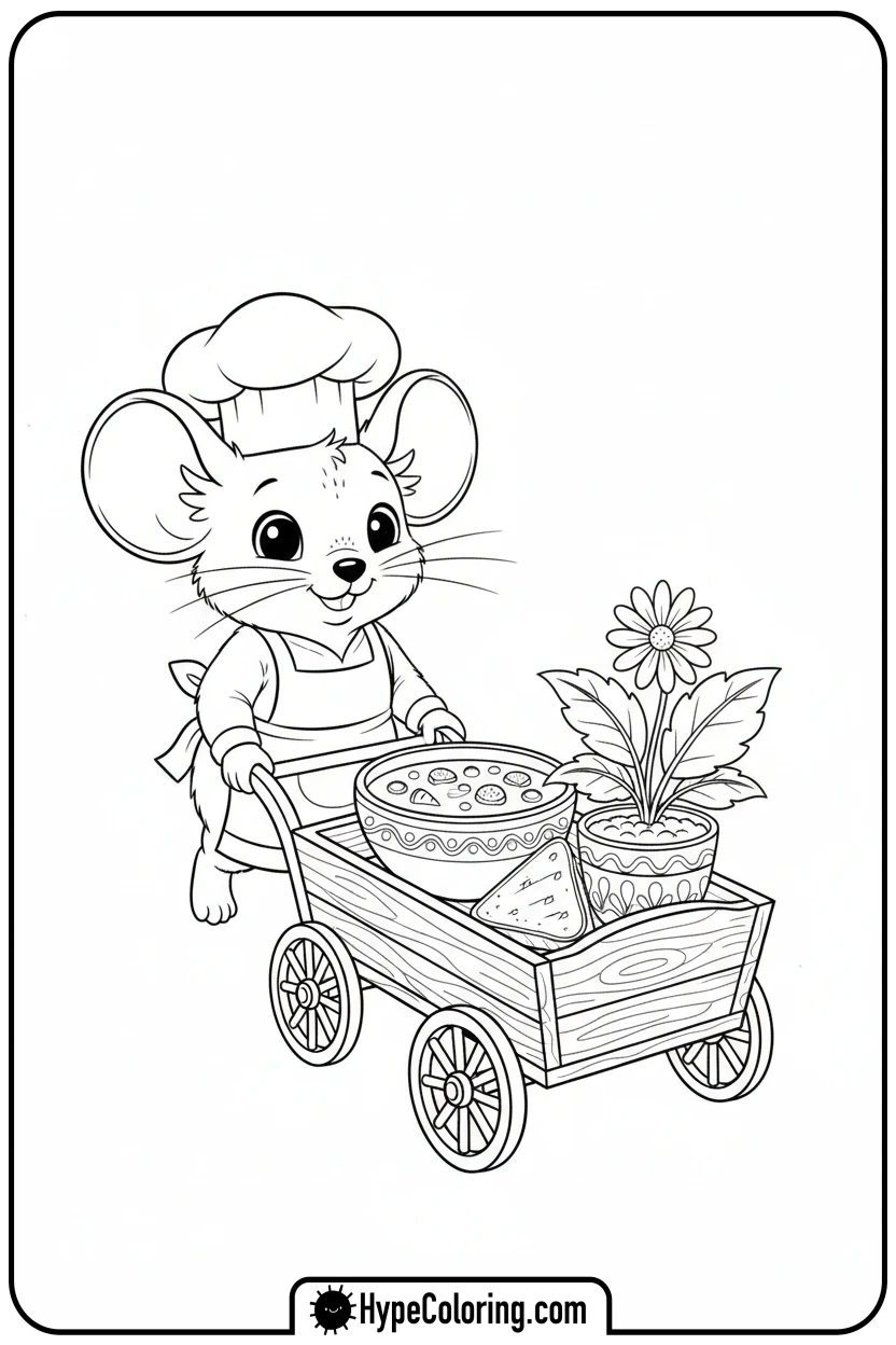 Click to download PDF mouse-pushing-soup-and-plant-wagon - get well soon coloring pages