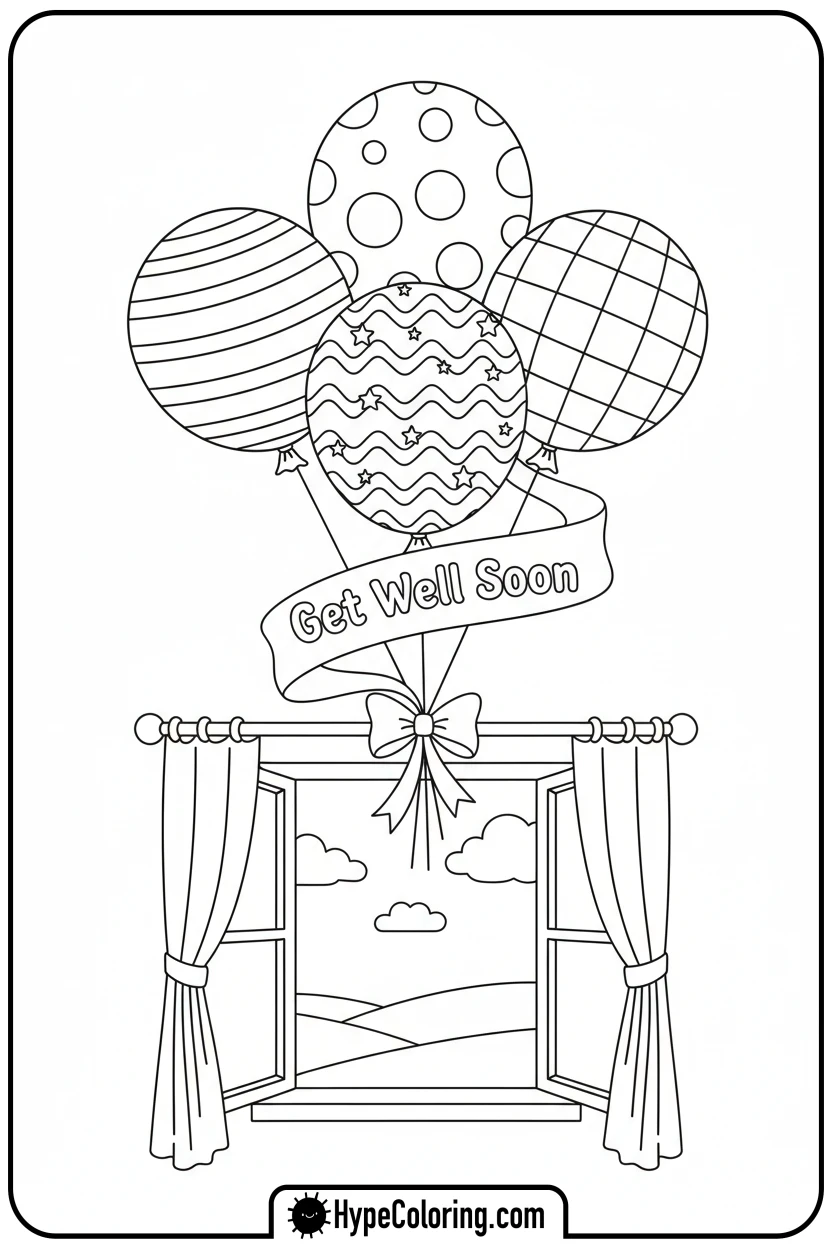 Click to download PDF get-well-soon-balloons-by-window - get well soon coloring pages