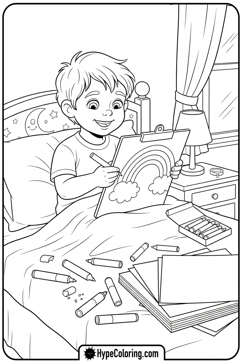 Click to download PDF child-coloring-in-bed - get well soon coloring pages