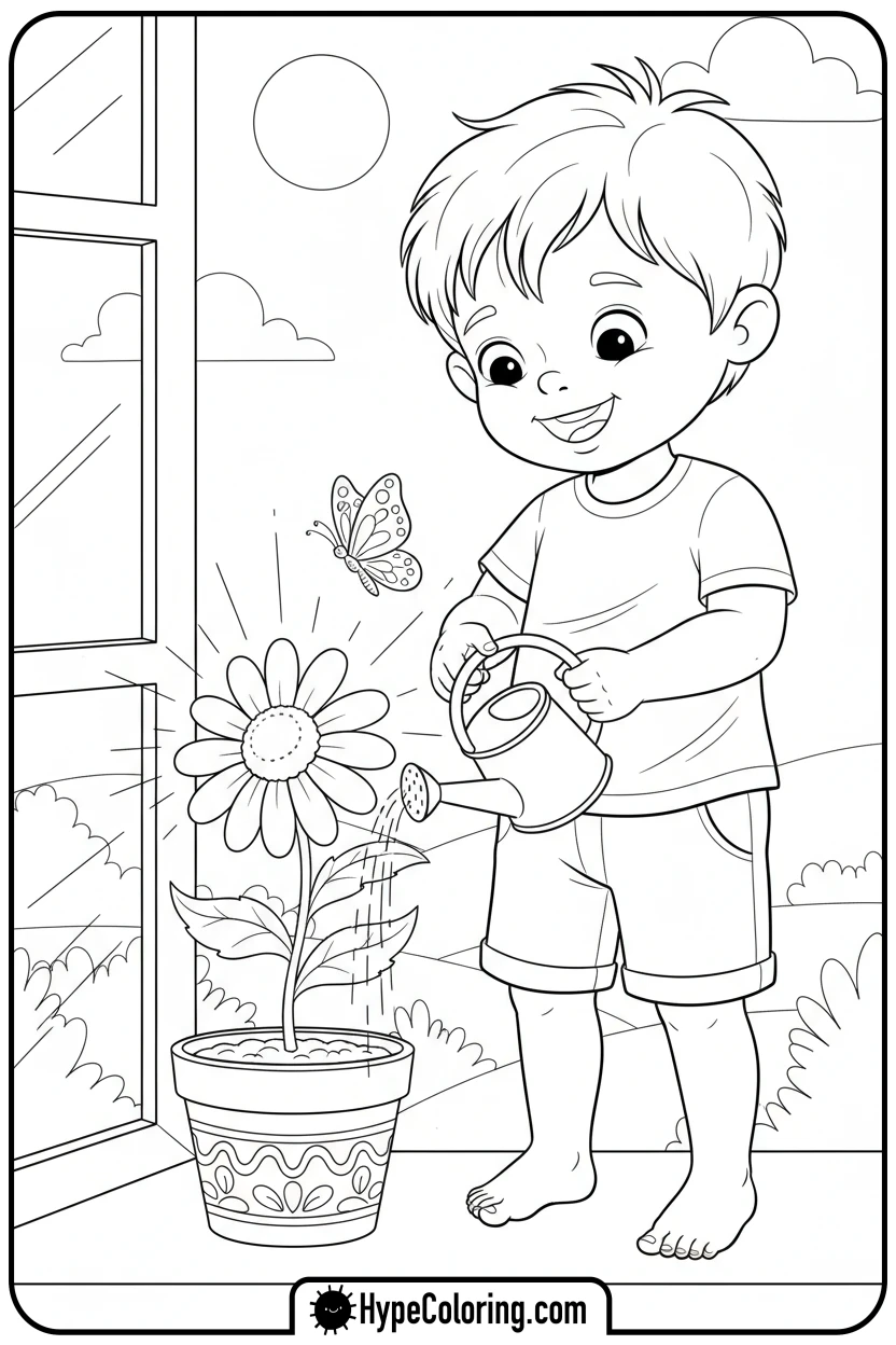 Click to download PDF child-watering-plant-by-window - get well soon coloring pages