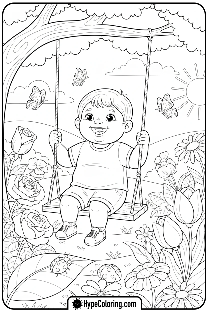 Click to download PDF child-swinging-in-garden-with-flowers - get well soon coloring pages
