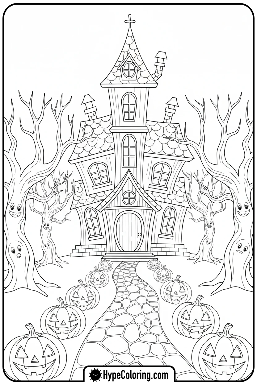 haunted-house-with-friendly-trees - haunted house coloring pages