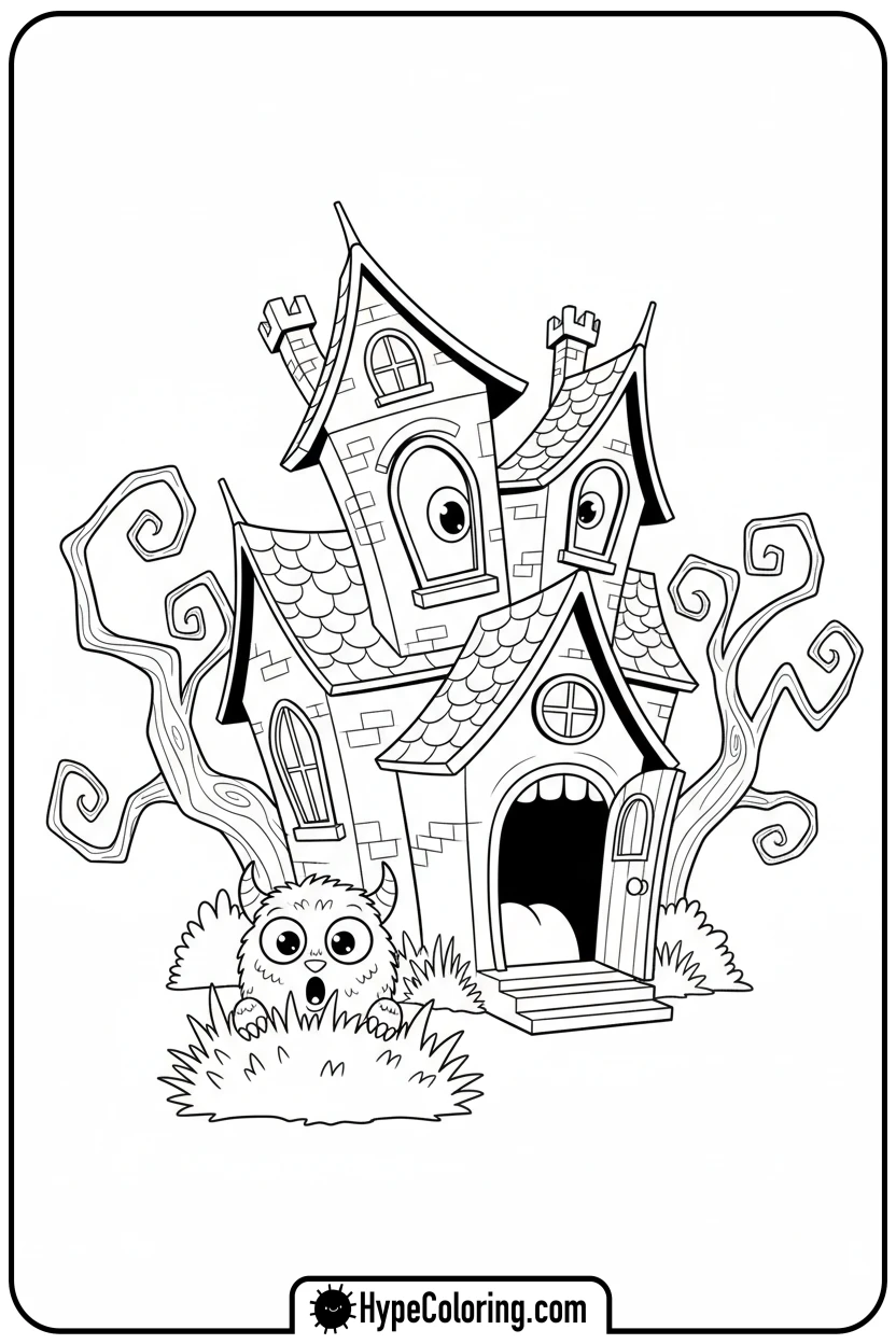 surprised-haunted-house-and-monster - haunted house coloring pages