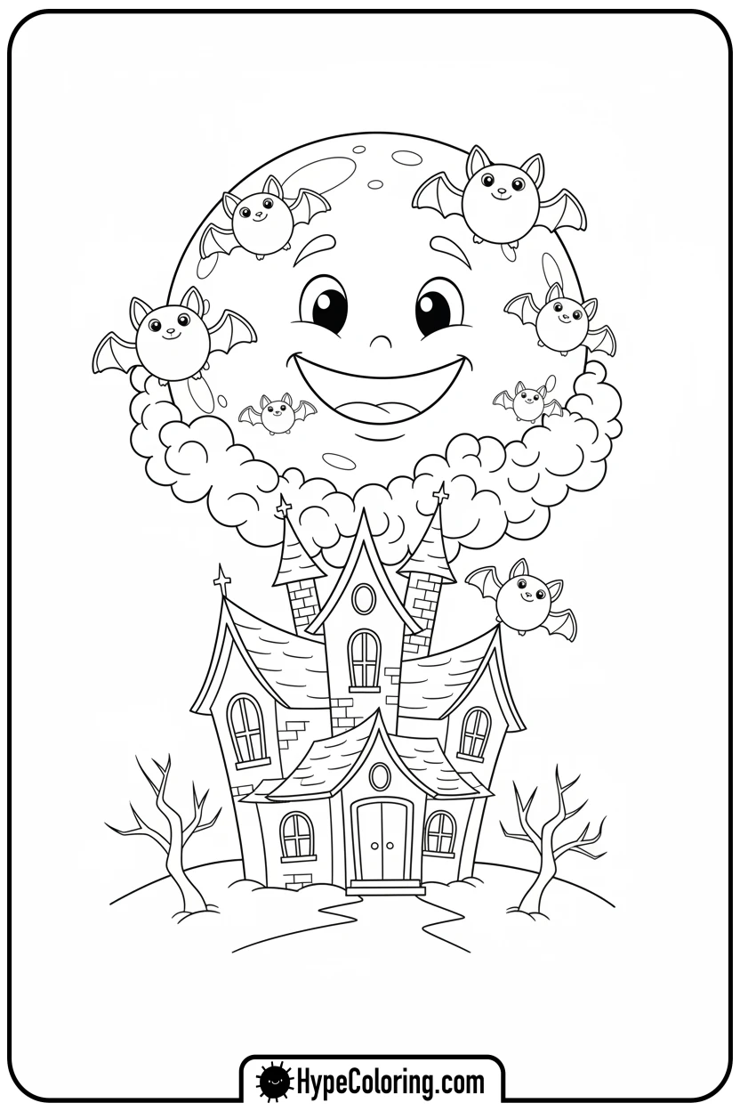 haunted-house-with-smiling-moon-and-bats - haunted house coloring pages
