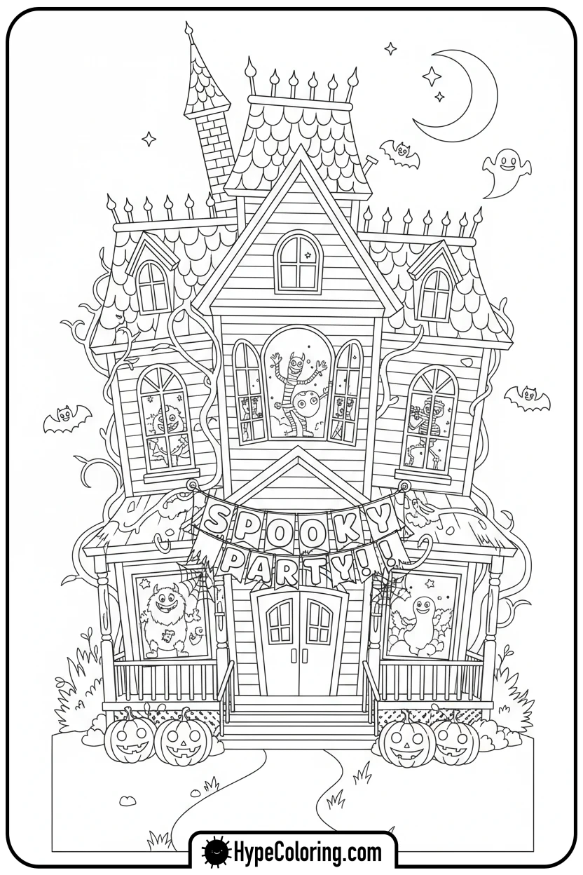 haunted-house-monster-party - haunted house coloring pages