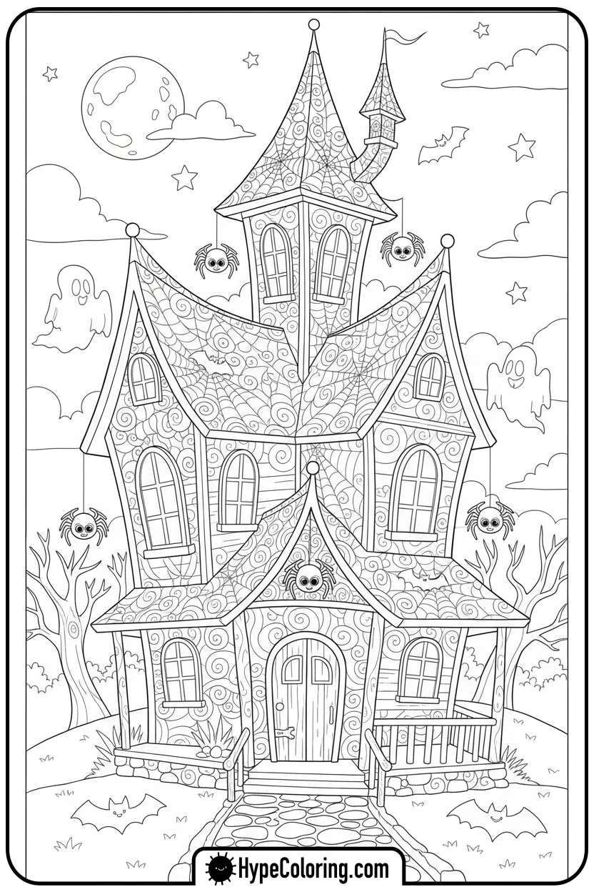 haunted-house-with-friendly-spiders - haunted house coloring pages