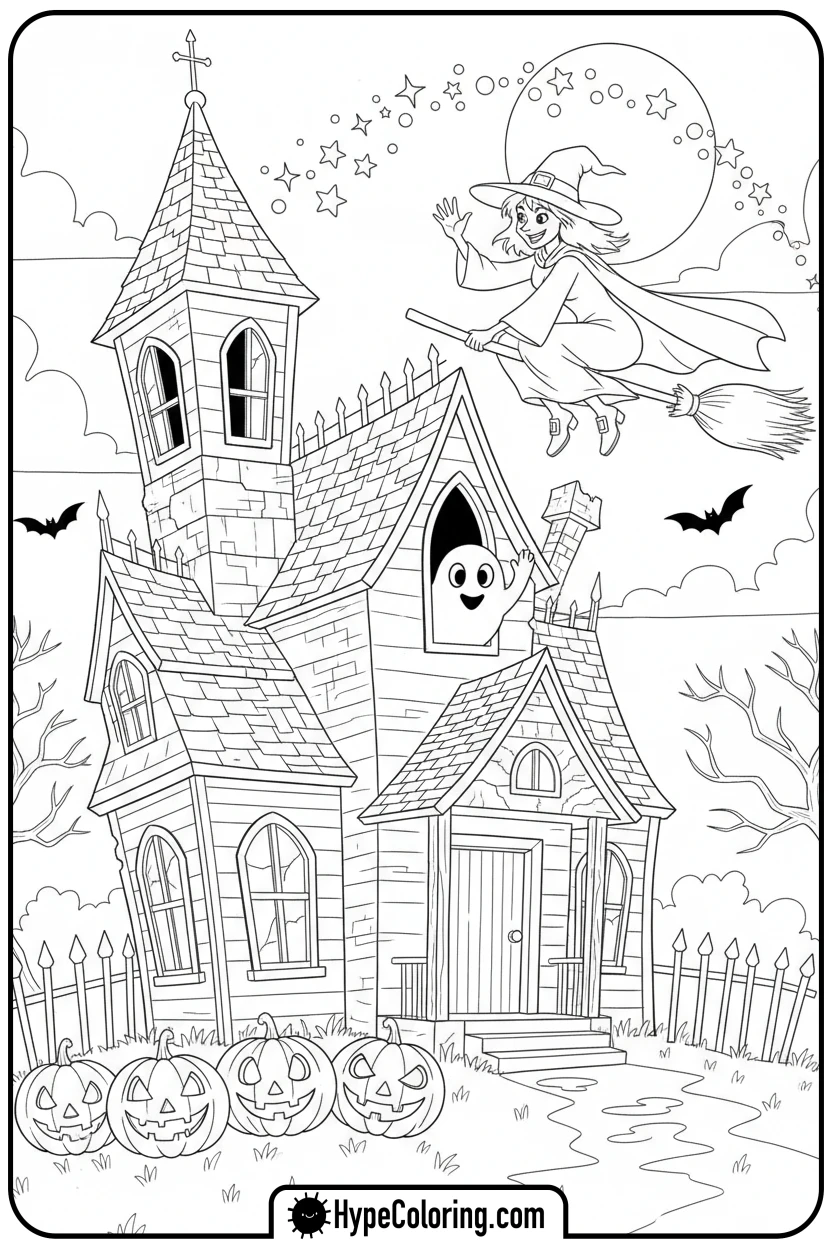 witch-flying-by-haunted-house - haunted house coloring pages