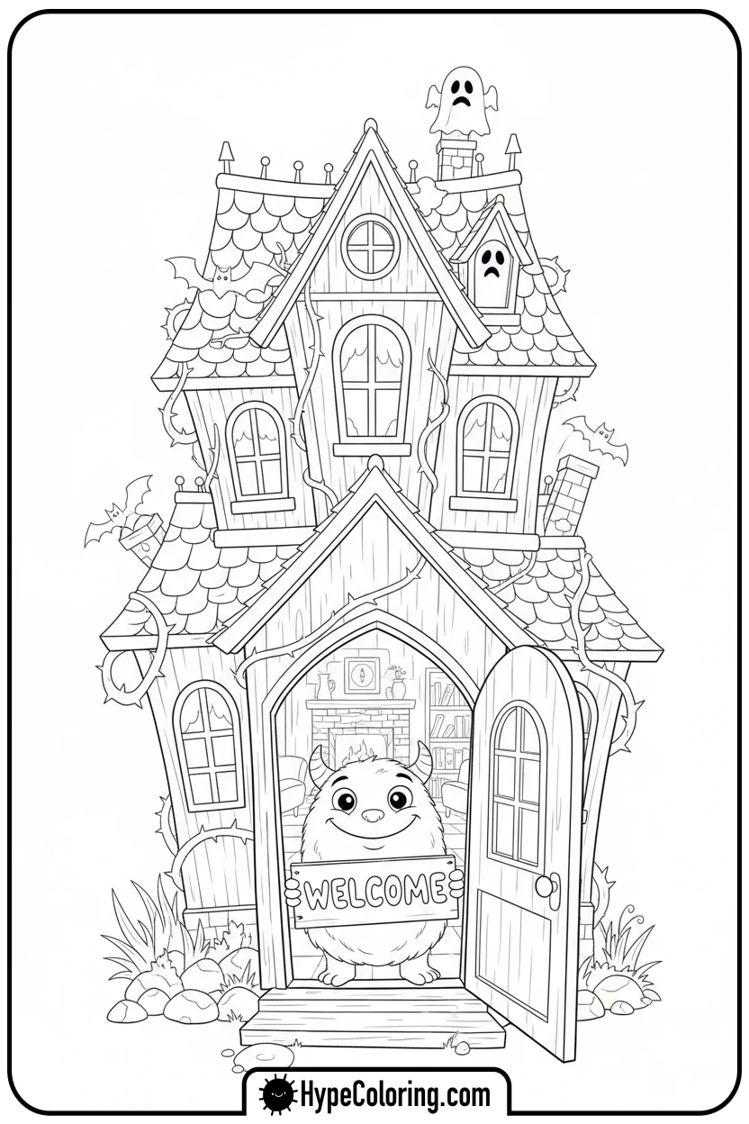 haunted-house-with-welcome-monster - haunted house coloring pages