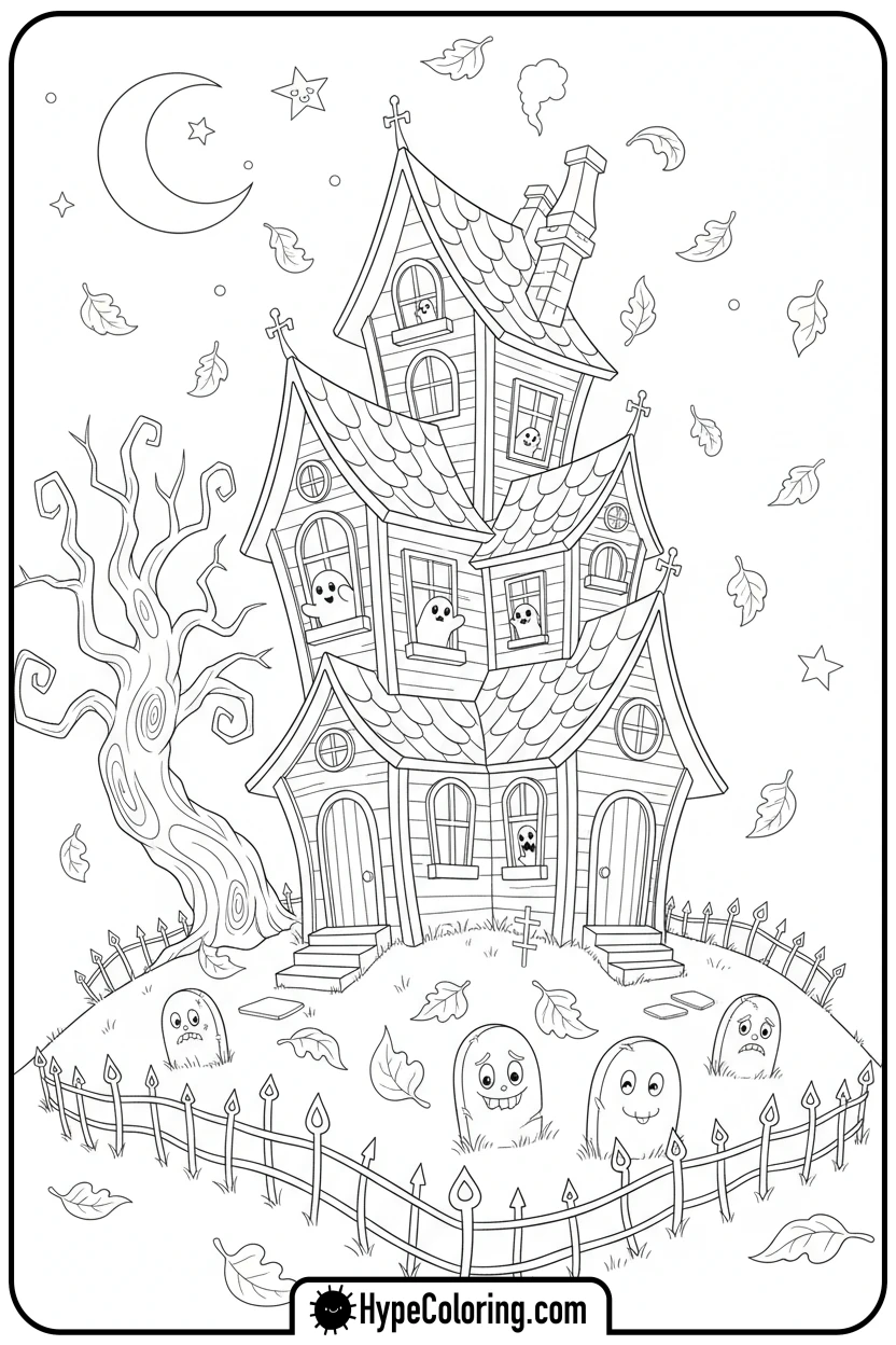haunted-house-with-autumn-leaves - haunted house coloring pages