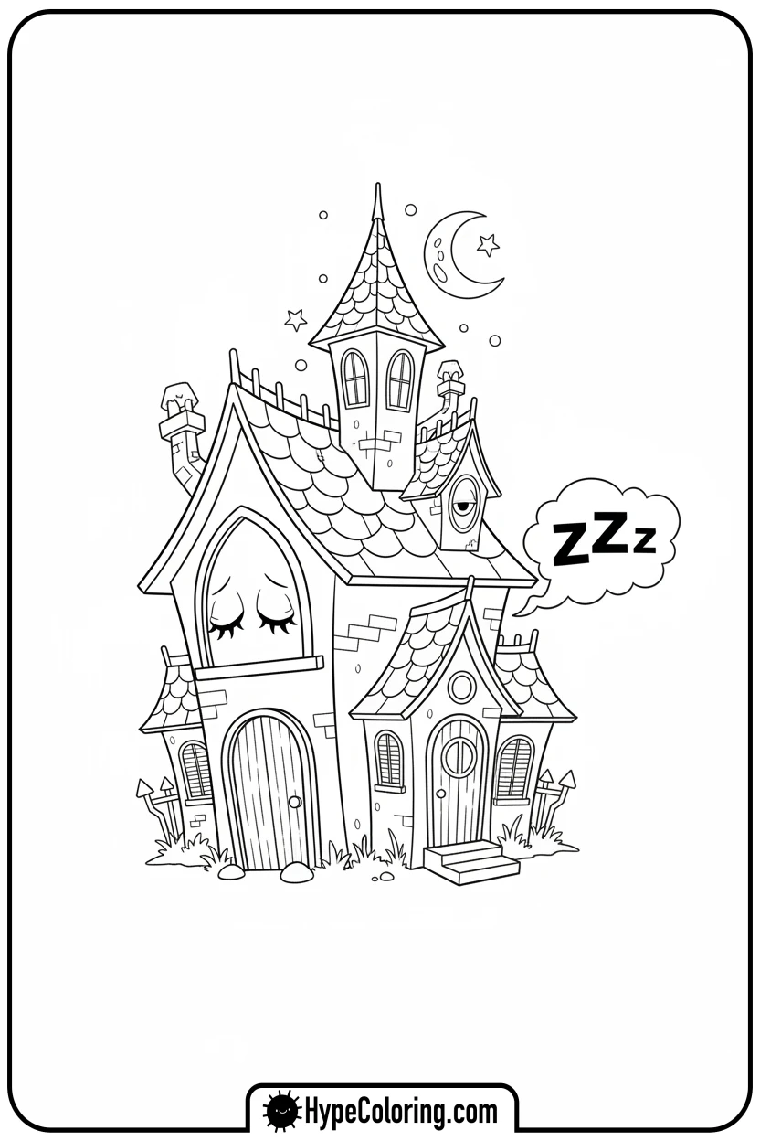 sleepy-haunted-house-at-night - haunted house coloring pages