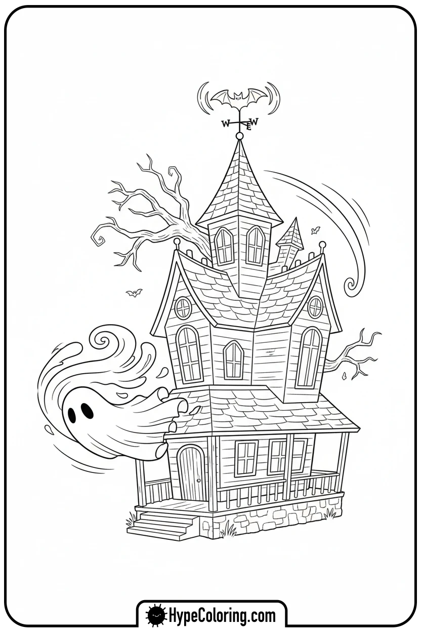 windy-haunted-house-with-ghost - haunted house coloring pages