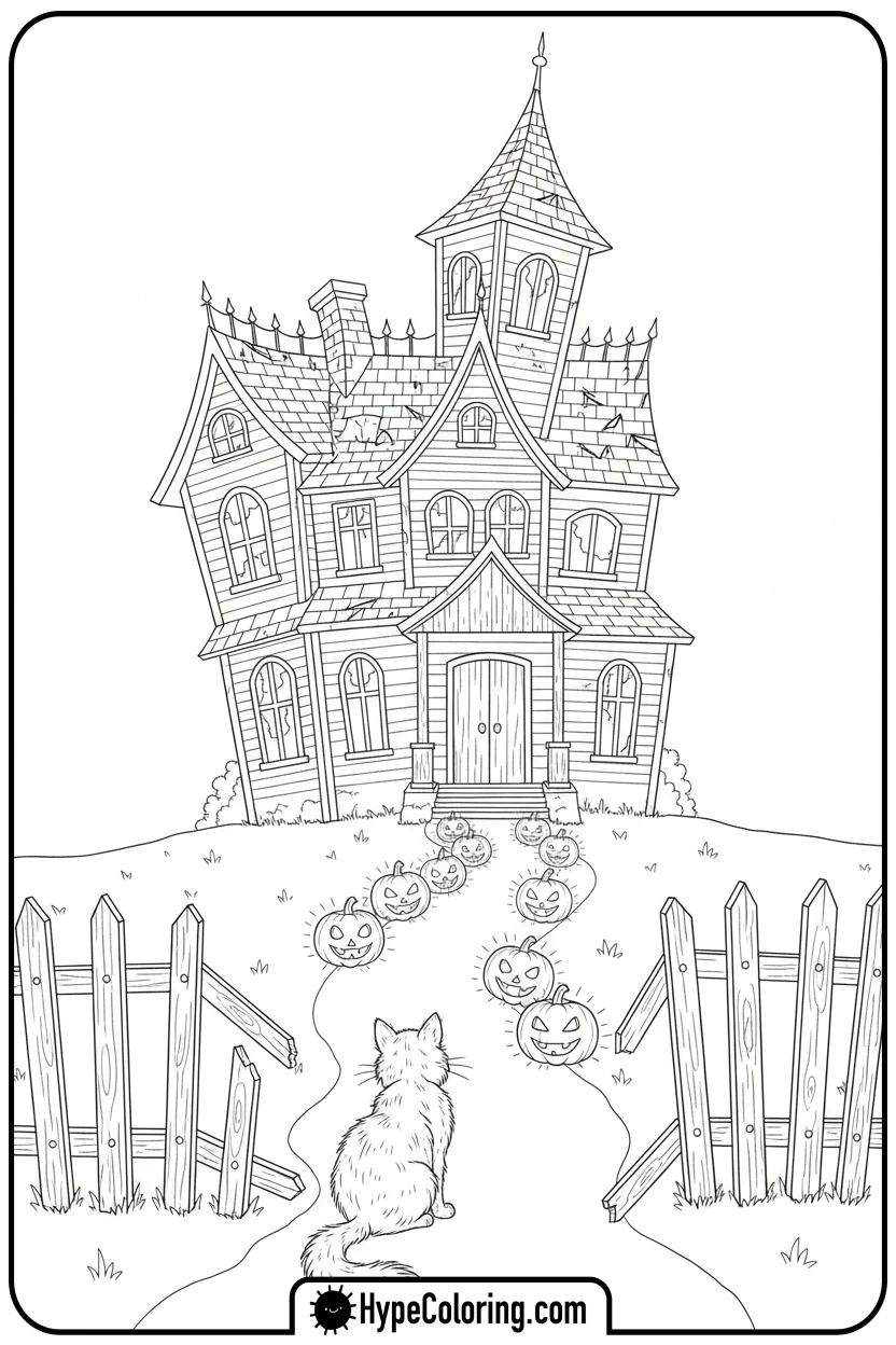 haunted-house-with-pumpkin-path - haunted house coloring pages