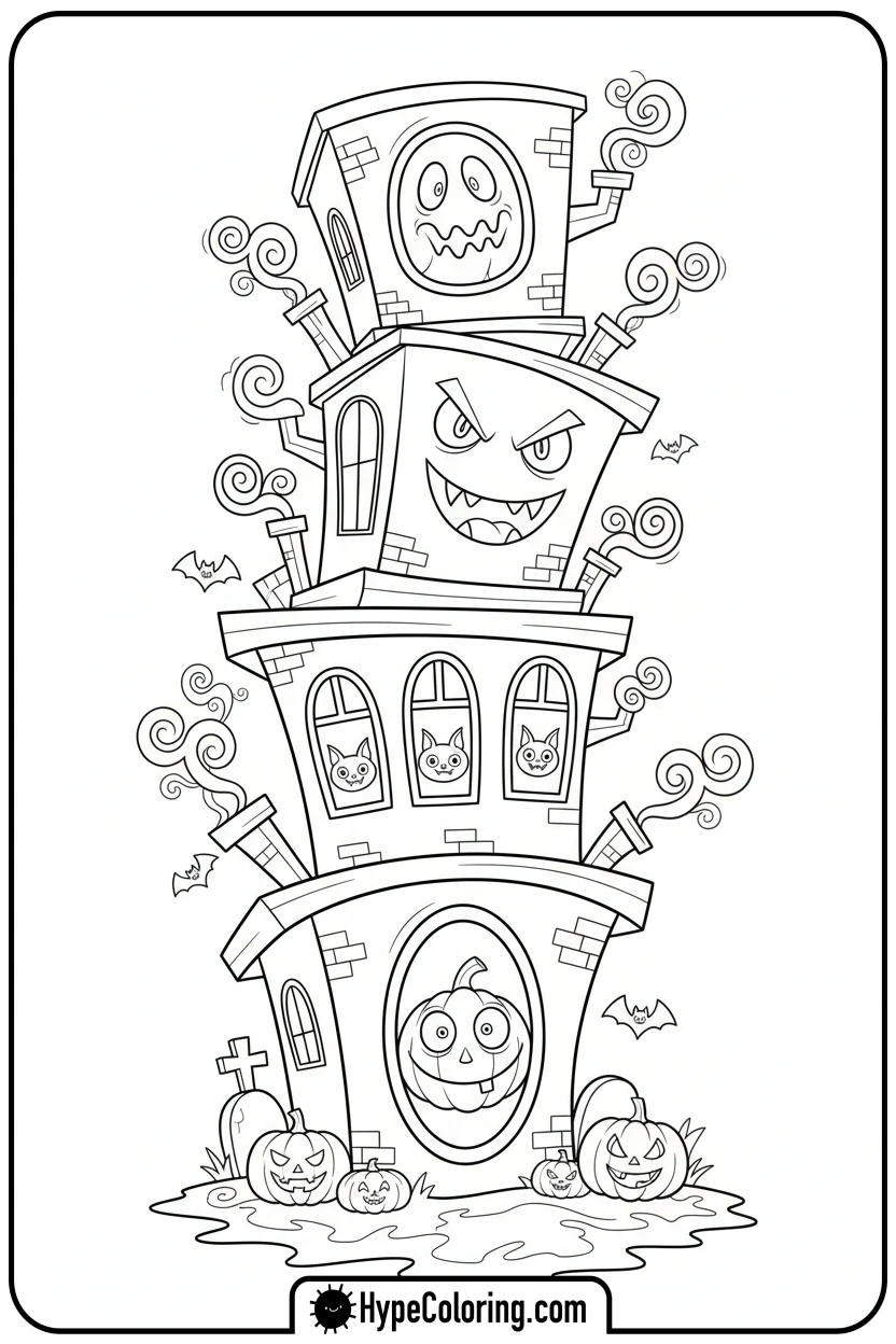 wobbly-haunted-house-with-faces - haunted house coloring pages