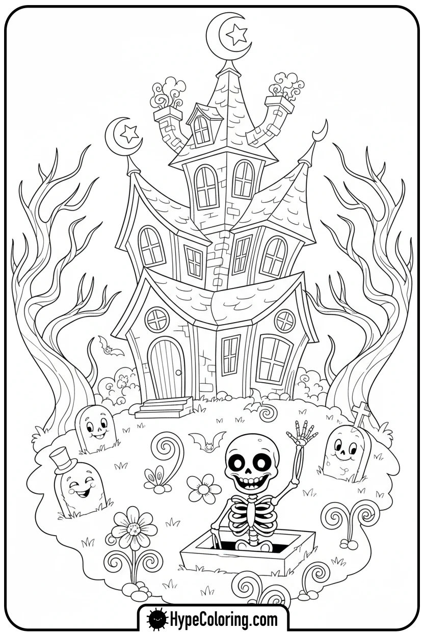 haunted-house-with-whimsical-graveyard - haunted house coloring pages
