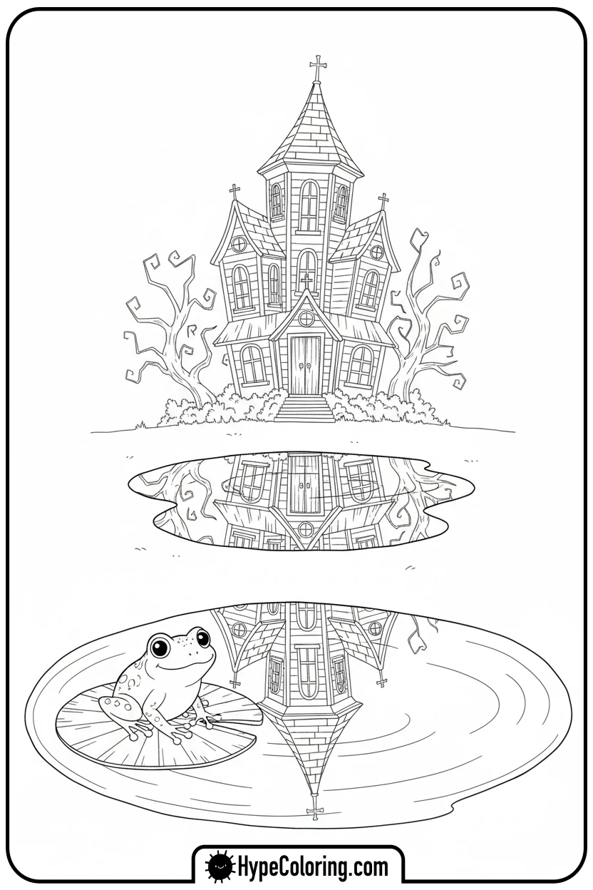 haunted-house-reflected-in-puddle - haunted house coloring pages