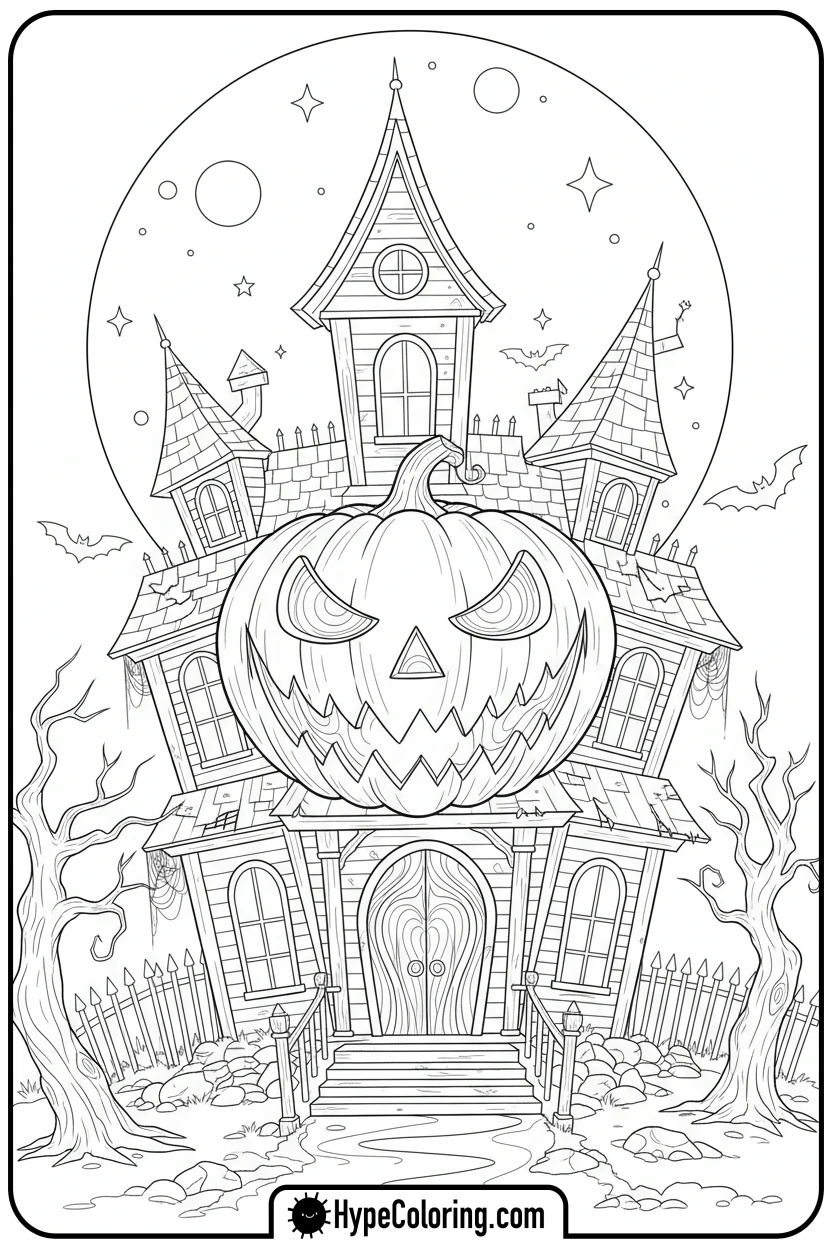haunted-house-shaped-like-pumpkin-face - haunted house coloring pages