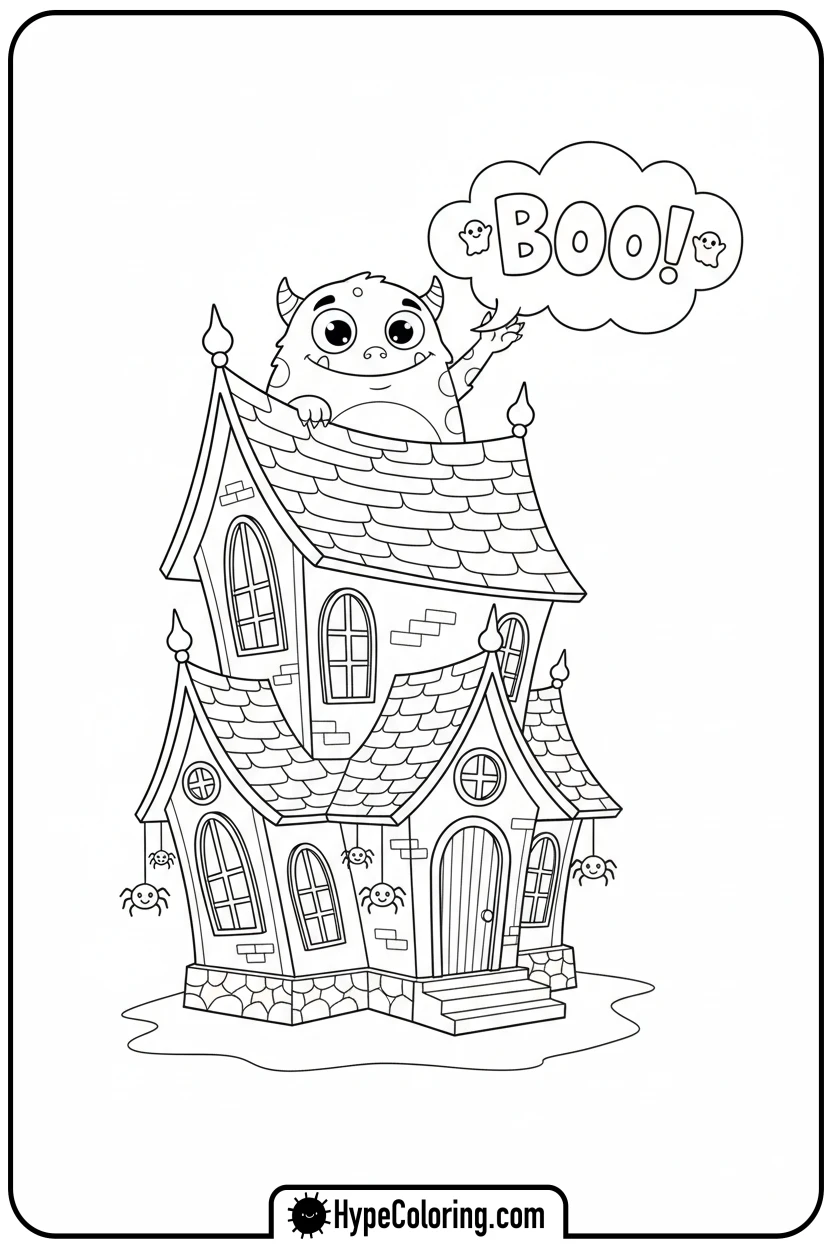 haunted-house-with-monster-peeking - haunted house coloring pages