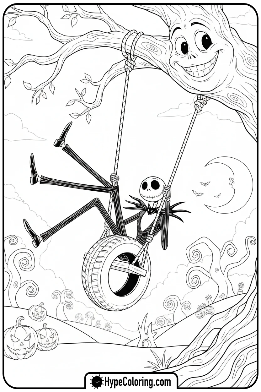 jack-on-a-tire-swing - jack skeleton coloring pages