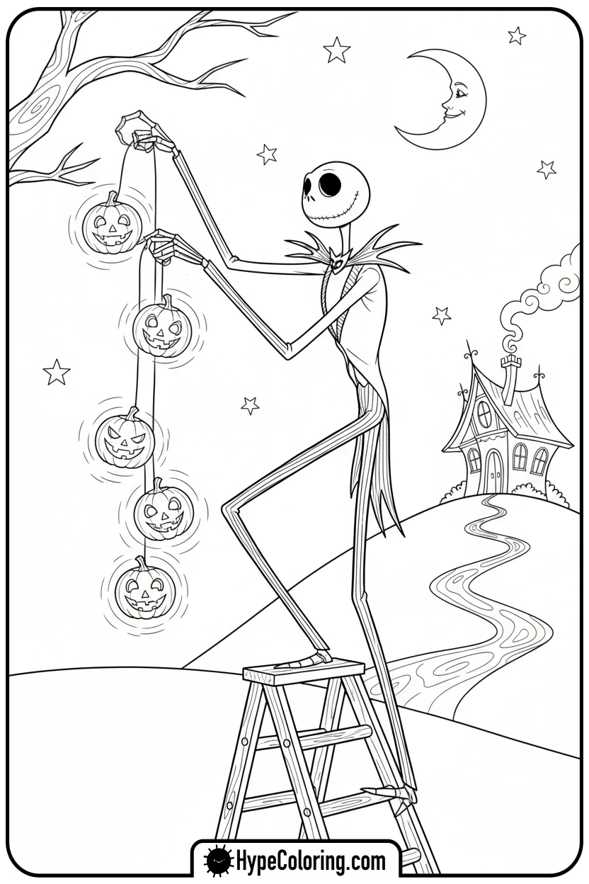 jack-on-a-ladder-hanging-lights - jack skeleton coloring pages