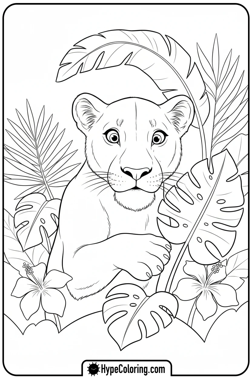 Click to download PDF lioness-exploring-plant - lioness coloring pages