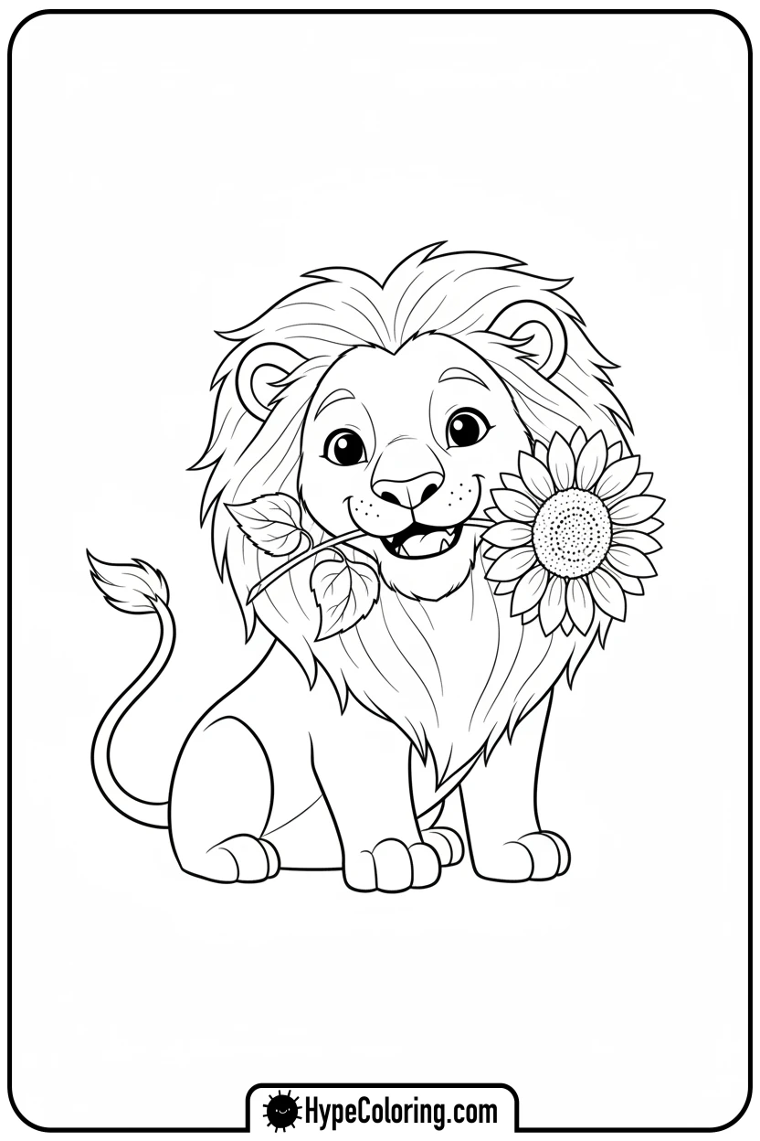 Click to download PDF smiling-lioness-with-flower - lioness coloring pages